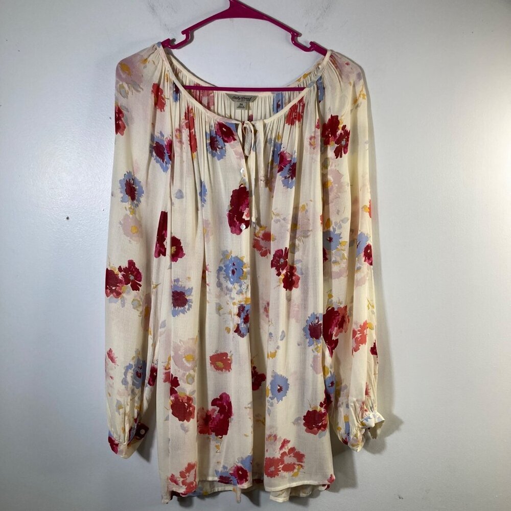 Womens Lucky Brand Floral Boho Tunic 1/2 Button Pullover Cream Red Blue 2X Visco